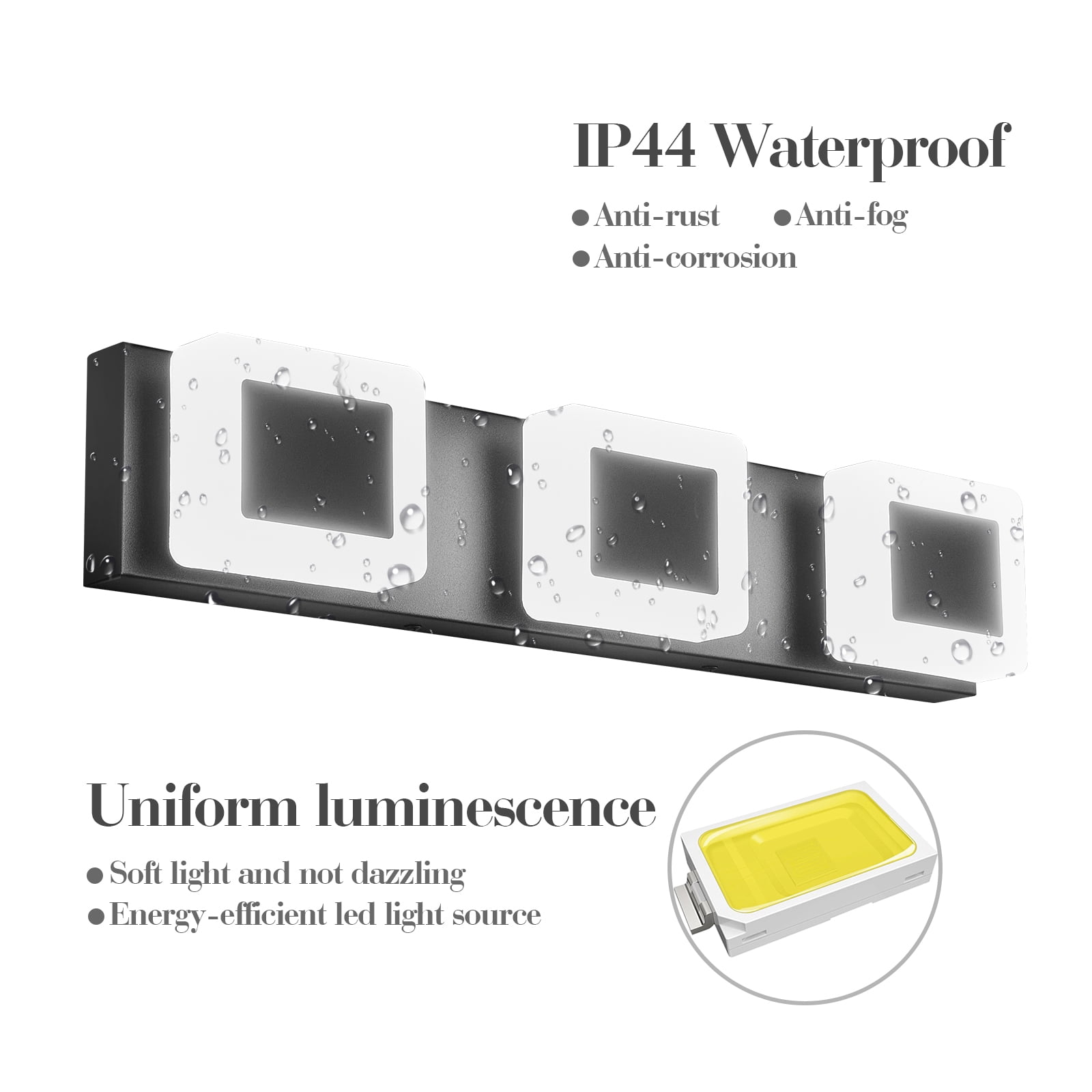 LMQNINE 3-Light Dimmable LED Bathroom Vanity Light Over Mirror,Fog and Corrosion Resistant,Modern Black Acrylic Wall Fixture