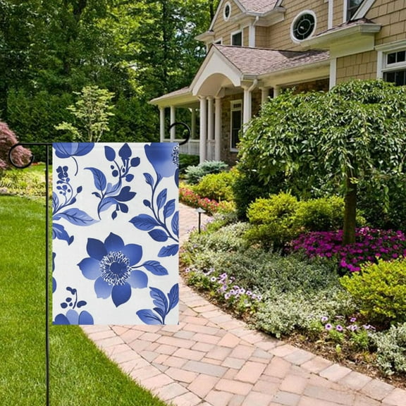 Blue Ink Flower and Leaf Garden Flag 12x18 inch Double Sided Outside Yard Decorations for Home Outdoor