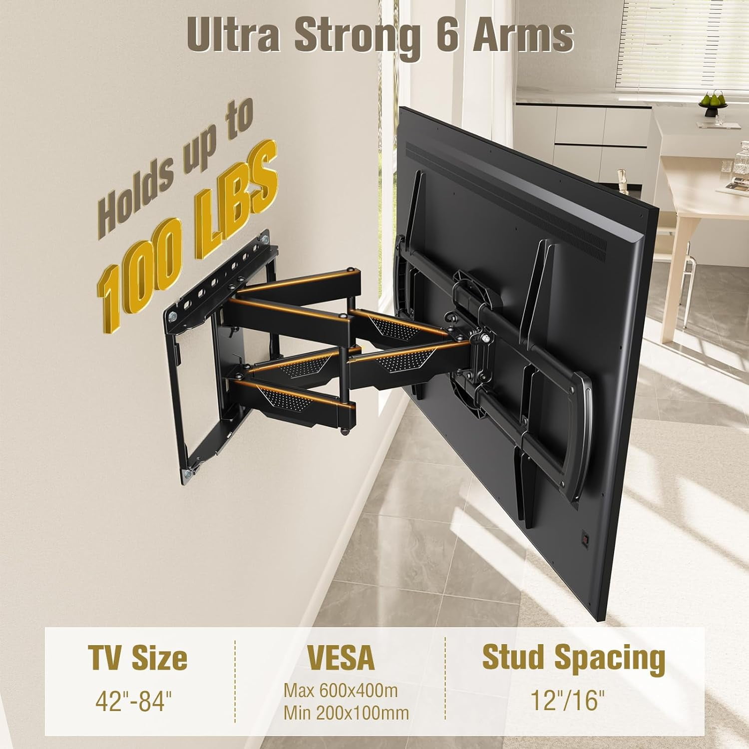 TV Wall Mount, UL Listed Full Motion Mount Bracket for 42-84 Inch Flat Screen TVs, Swivel Articulating Dual Arms, Max 600x400mm, 100 LBS Loading, Fits 16 Inches Wood Studs, MD2296