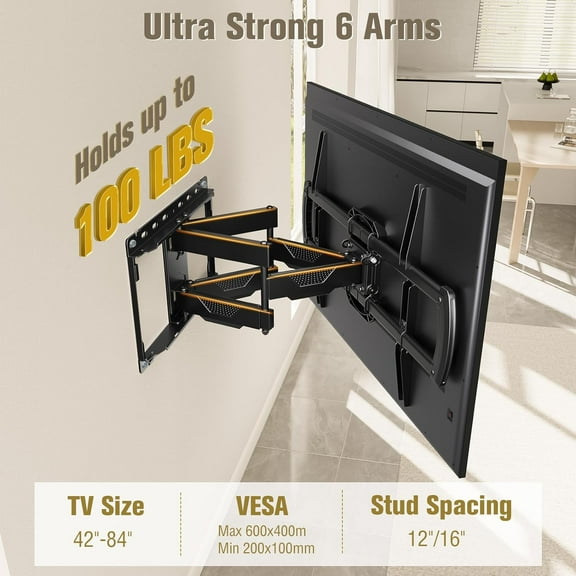 TV Wall Mount,  Listed Full Motion Mount Bracket for 42-84 Inch Flat Screen TVs, Swivel Articulating Dual Arms, Max VESA 600x400mm, 100  Loading, Fits 16 Inches Wood Studs, MD2296