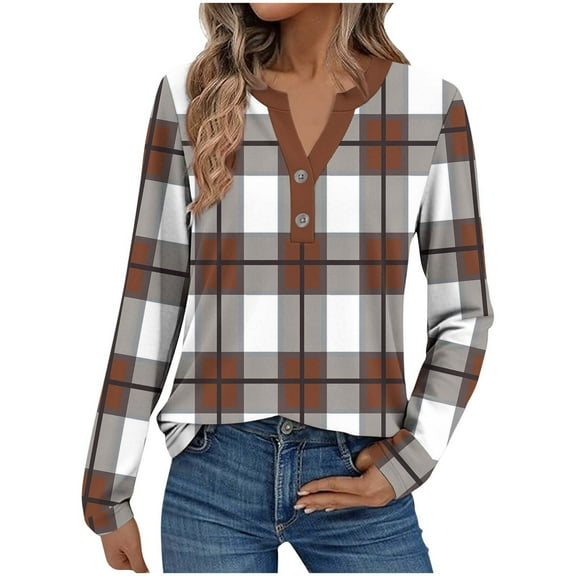 STETMN Women's Long Sleeve Shirts Button V Neck Plaid Top Fall Casual Office Blouses