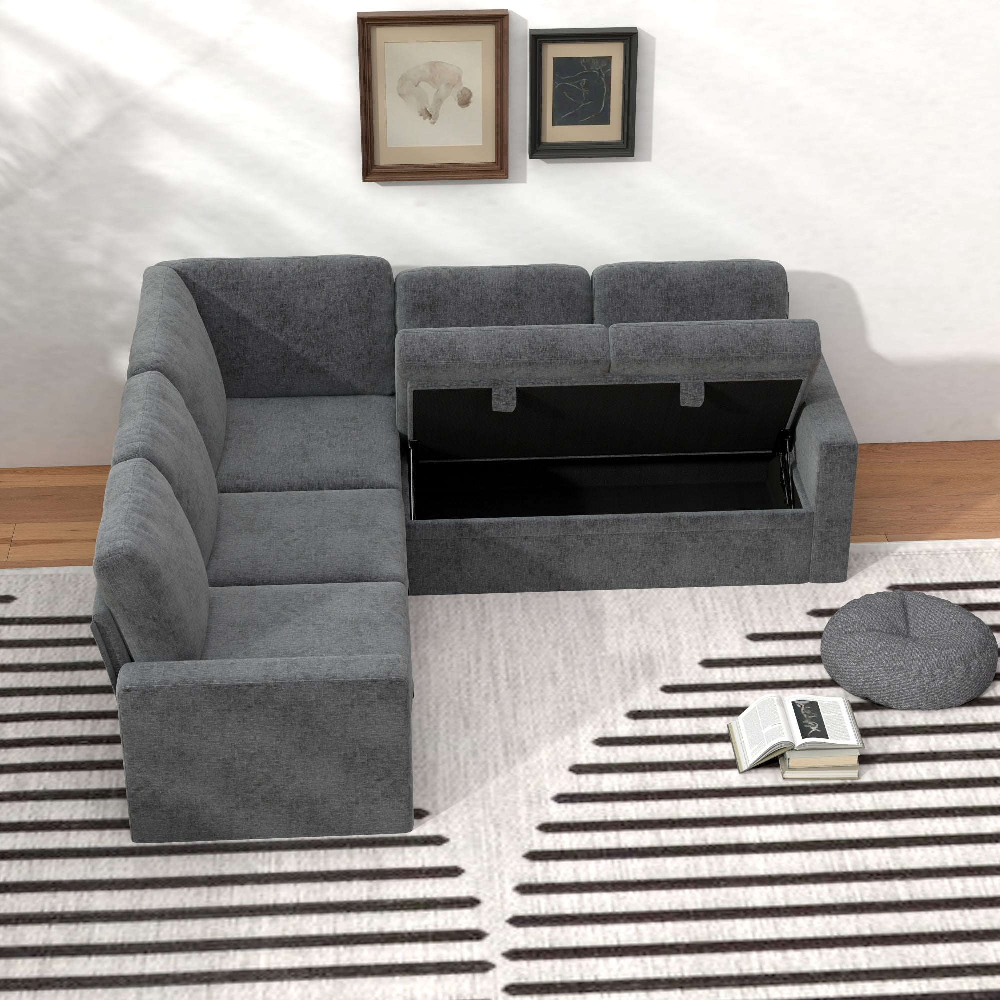Gewnee 5-Seater Gray L-Shaped Convertible Sofa - Skin-Friendly & Wear-Resistant Chenille Fabric, Solid Wood Frame with Multifunctional Storage, for Living Rooms & Halls