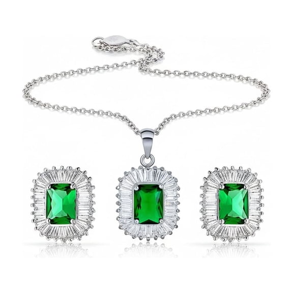 Bling Jewelry Womens Art Deco Simulated Emerald Green CZ Pendant & Stud Earrings Jewelry Set