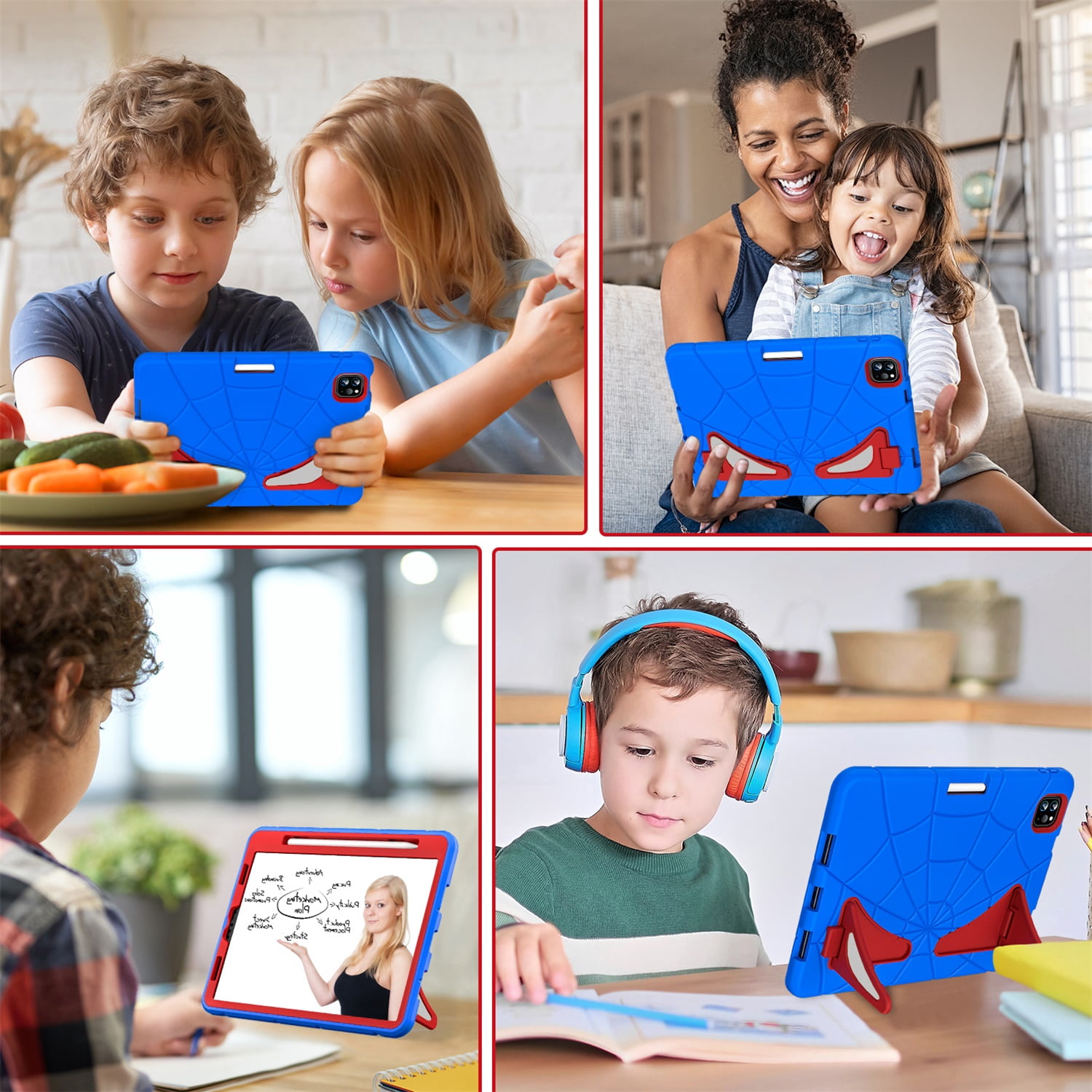 Kids Case for iPad 9th/8th/7th Generation with Pencil Holder, Lightweight Shockproof Stand Anti-Slip Rugged Silicone PC Case Cover for iPad 10.2" 2021/2020/2019 for Boys Girls, Blue+Red
