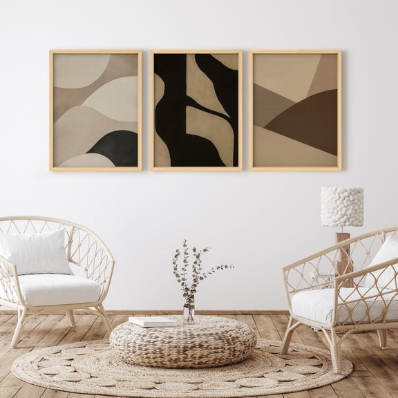 Framed Print Wall Art Set of 3 - Neutral Abstract Colorblocks Poster Art - 3 Pieces Minimalist Mid-Century Modern Wall Decor for Living Room - 12"x16"x3 Natural
