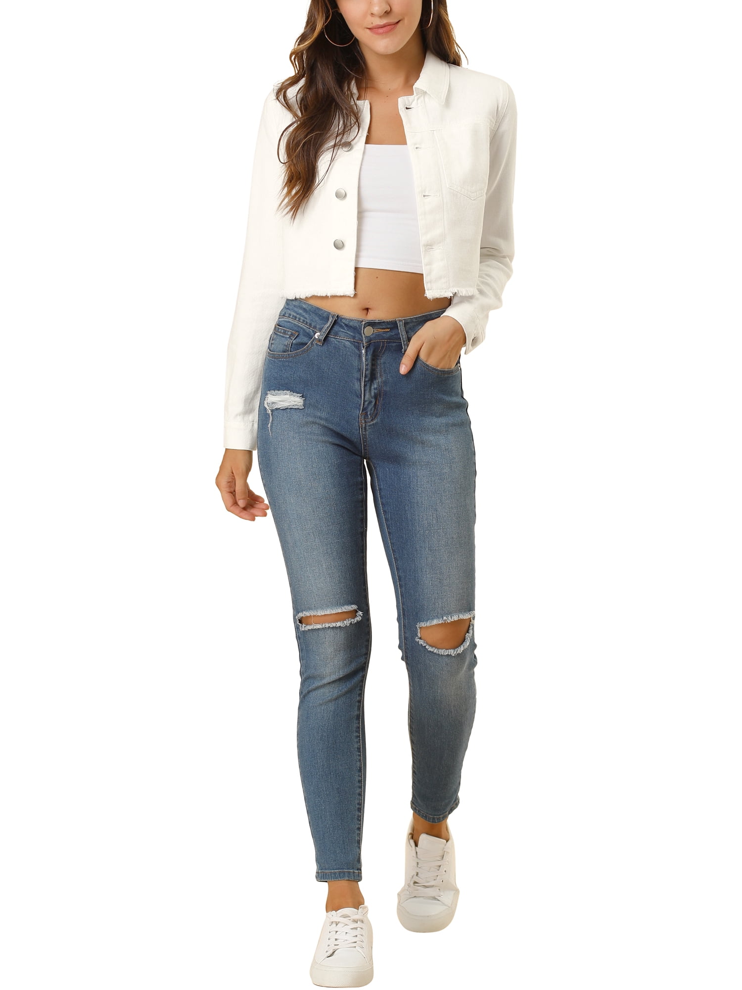 DARING DIVA Women's Frayed Button Up Washed Cropped Denim Jackets XS White