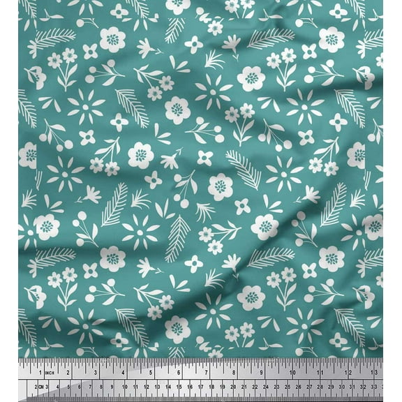 Soimoi Blue Cotton Duck Fabric Leaf Floral Print Fabric by Yard 42 Inch Wide
