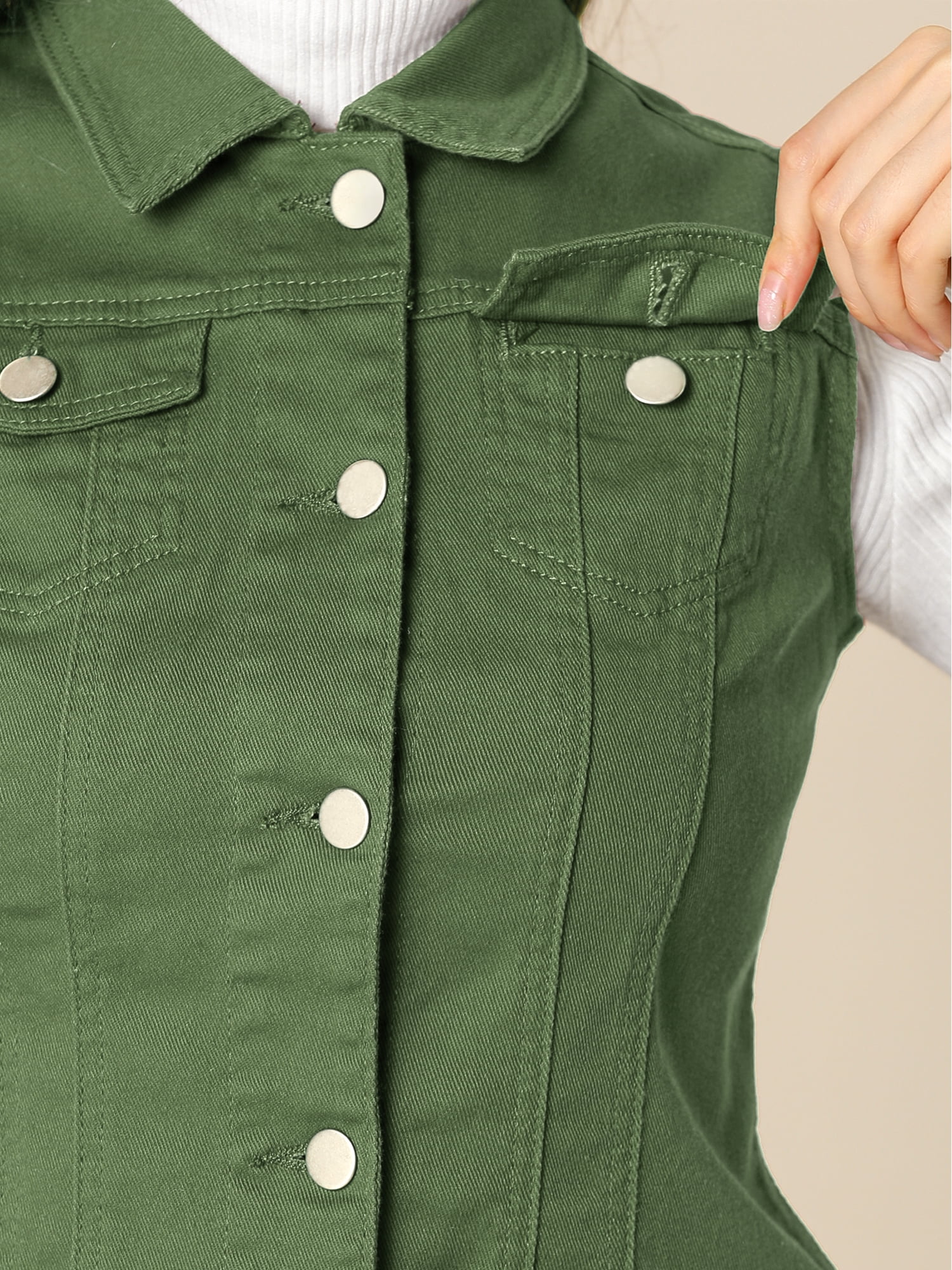 DARING DIVA Women's Denim Sleeveless Flap Pockets Vest Jacket S Olive Green