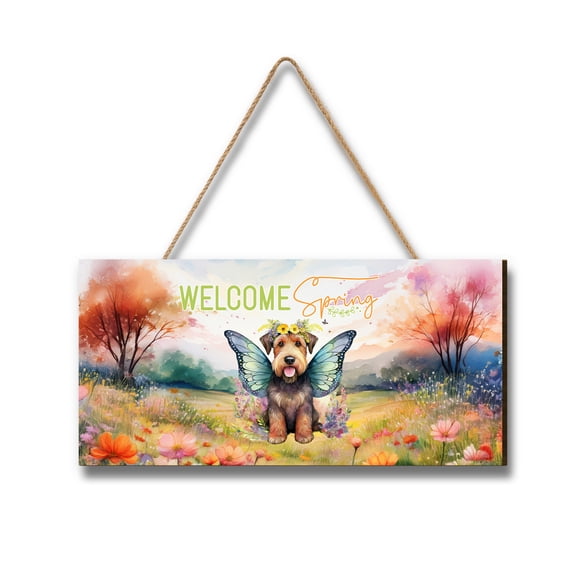 Welcome Spring Fairy Airedale Terrier in Flower Meadow Landscape Wood Sign Dale Waterside Dog Lover Hanging Wall Home Decor - 13002