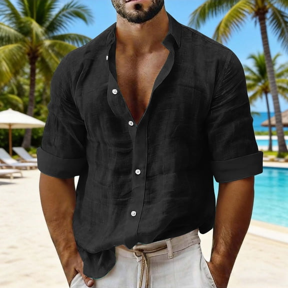 Men's Long Sleeve Shirt V Neck Casual Button Down Blouse Solid Color Loose Tops Comfy Lightweight Tee