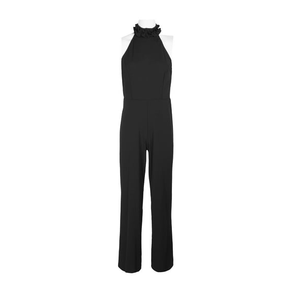 Marina Ruffled Halter Neck Keyhole Back Solid Jumpsuit-BLACK / 4