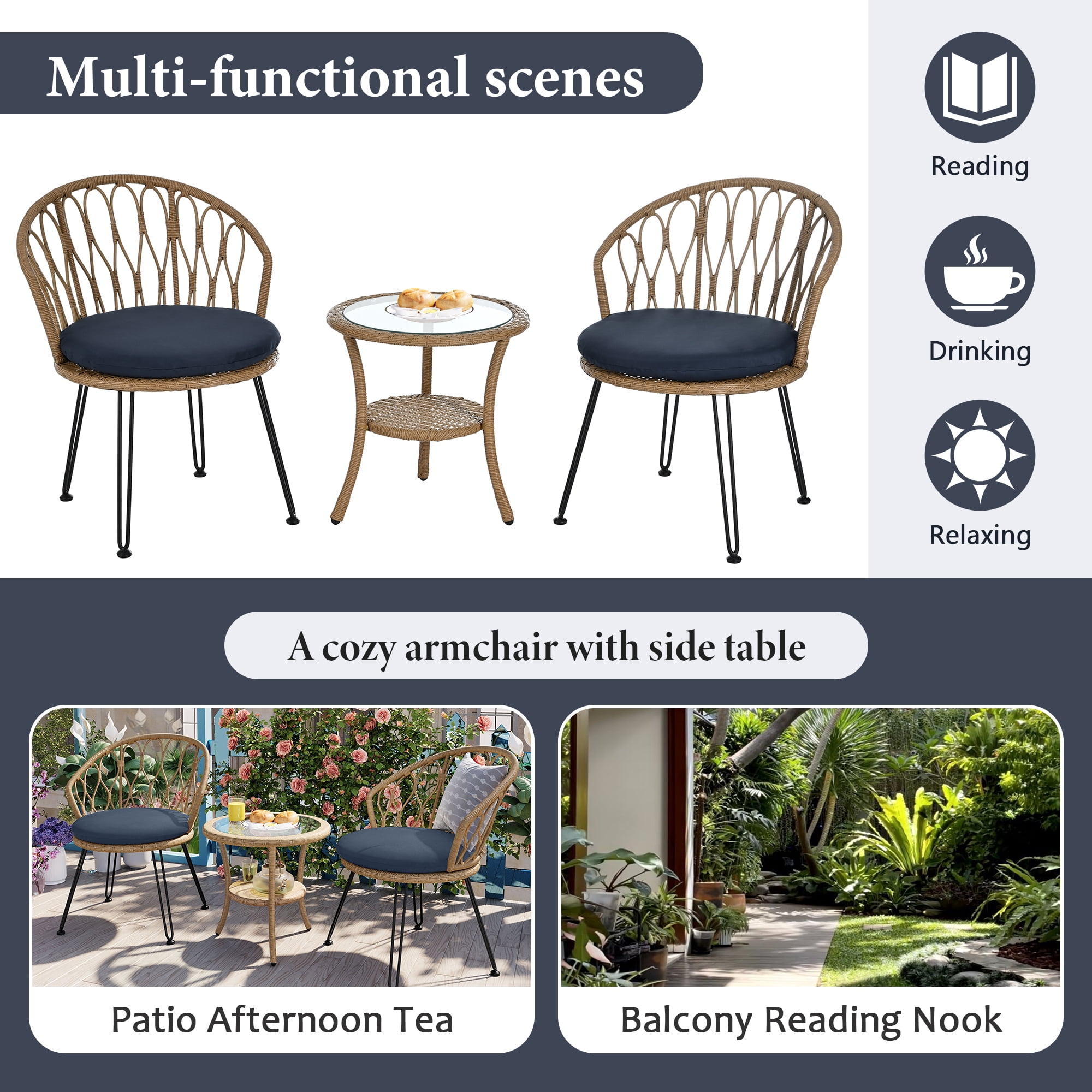3-Piece Outdoor Furniture Sectional Sofa Set,Patio PE Wicker Conversation Sets with Beige Cushions,Top Glass,Lounge Chair for Garden, Deck, Poolside