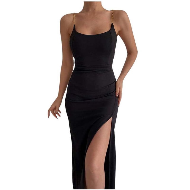 Bigersell Robes Trapèze Style Mode pour Femmes Chaîne Couleur Unie Fente Haute Robe à Bretelles à Chaîne Robe Trapèze Longue Style 25414, Robes Longues pour Femme Noir G