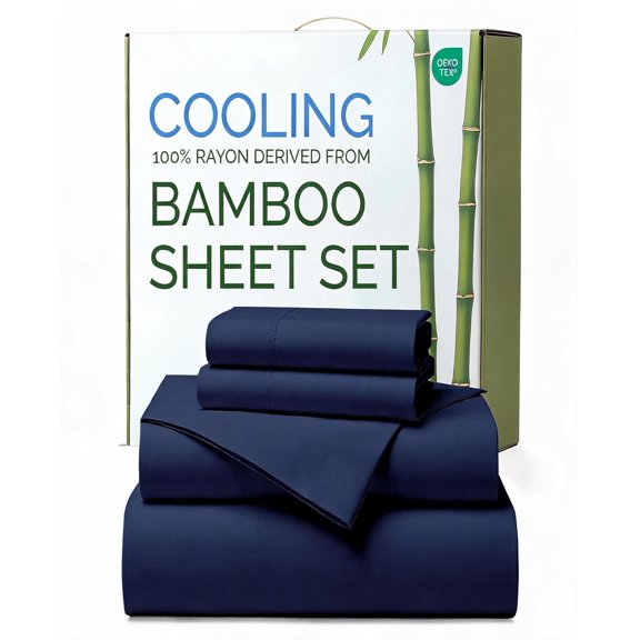 Rayon Derived From Bamboo Queen Size Cooling Sheets Navy Blue with 16 Inch Deep Pockets