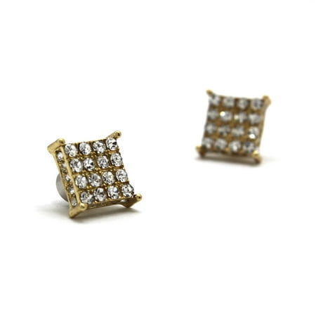 Fan Shape Earrings - 4 Stone Row Square Shape Magnetic Stud Earrings, Gold-Tone