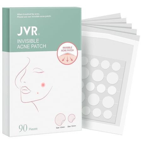 Acne Patches 90 Patches (2 Sizes) JVR Acne Medical-Grade Hydrocolloid Acne Patches for Face Invisible Pimple Patches Sticker with Absorbing Cover for Acne Treatment for All Skin Types