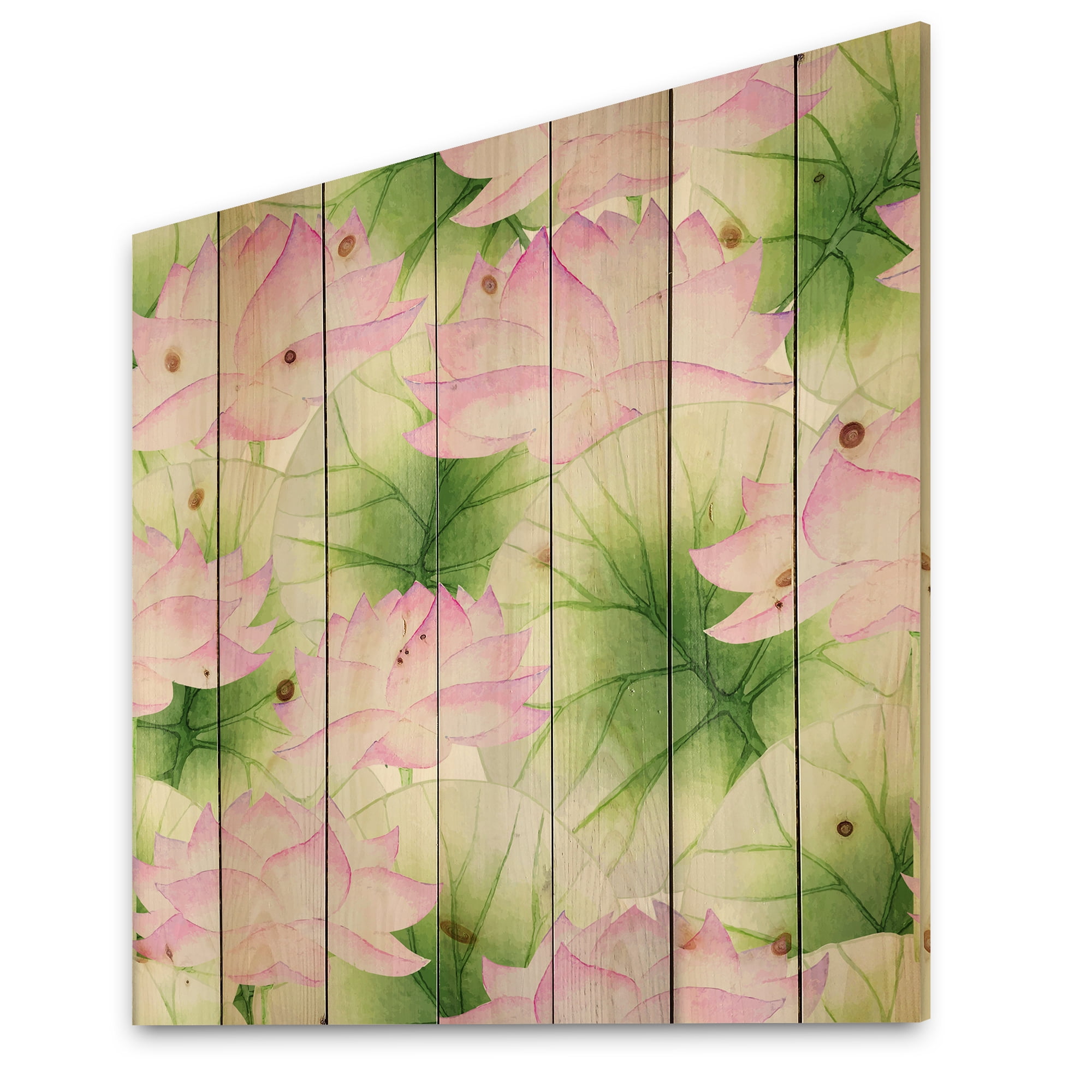 Designart 'Ancient Pink Lotuses In The Pond IX' Traditional Print on Natural Pine Wood
