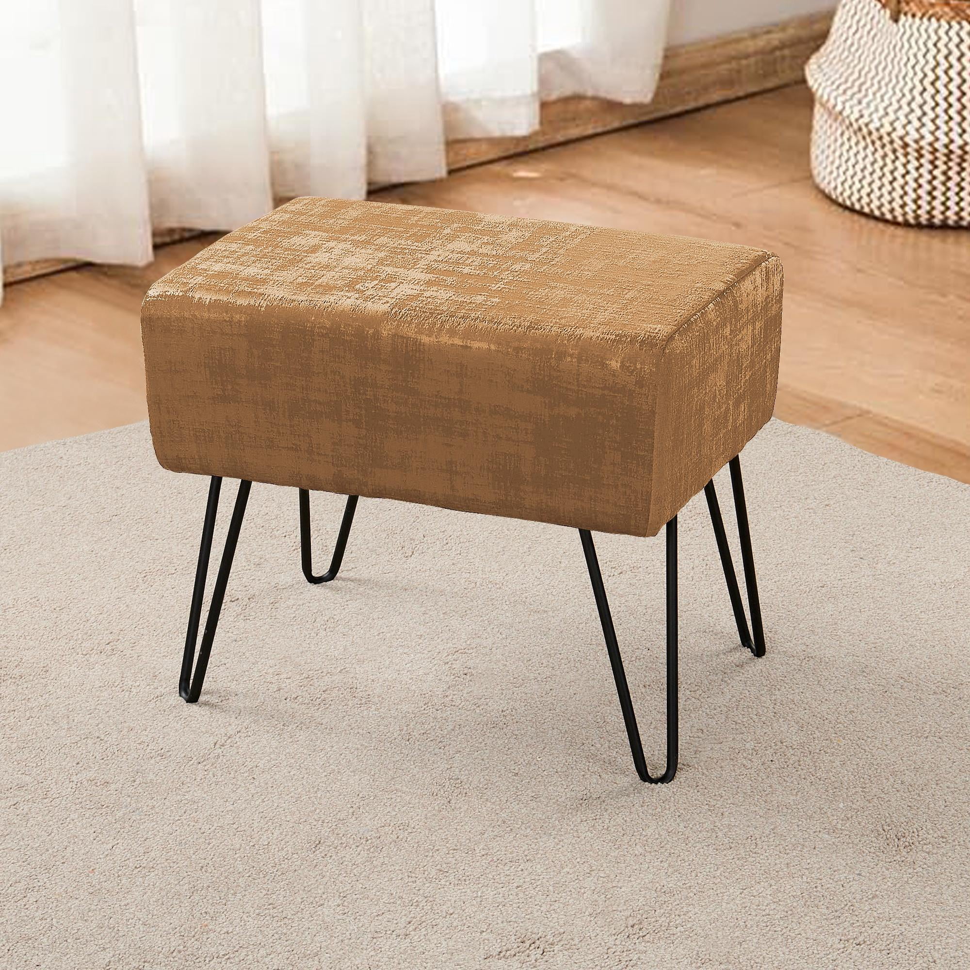 Home Soft Things Textured Velvet Ottoman Stool Chair, Upholstered Footrest with Black Metal Legs, Tobacco Brown, 19" x 13" x 17"