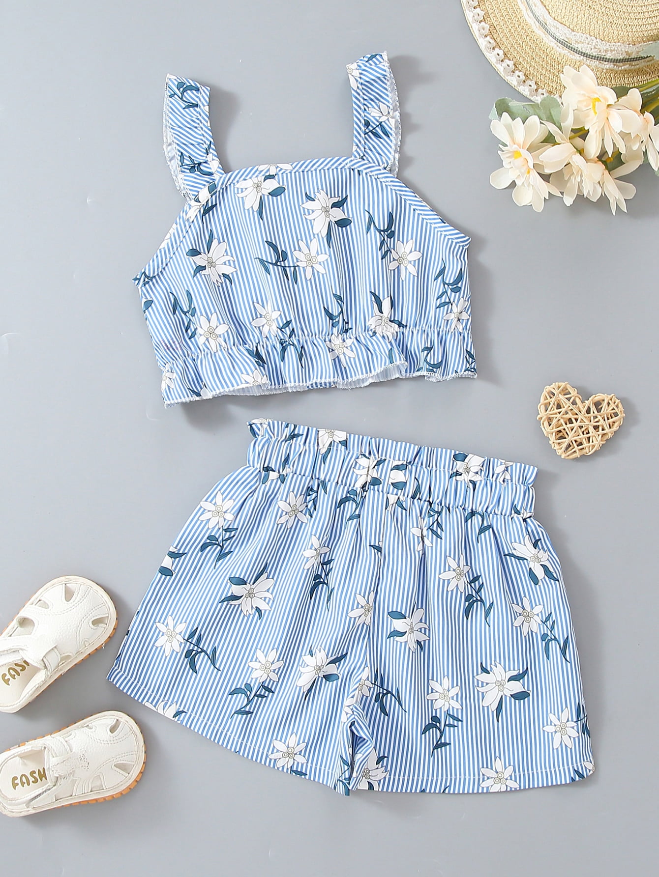 Toddler Girls Striped Floral Print Peplum Cami Top Shorts 90 1 2y Baby Pink Boho F219d 10 Walmart Com