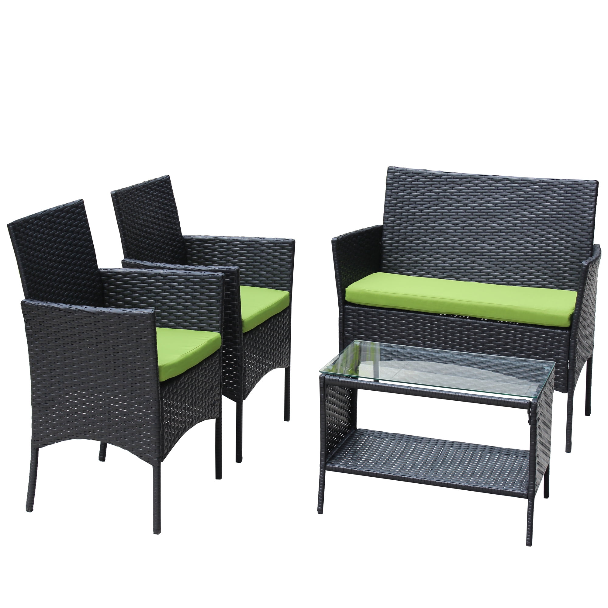 Aukfa 4 Piece Rattan Outdoor Patio Conversation Sofa Set with Table & Cushions, Green
