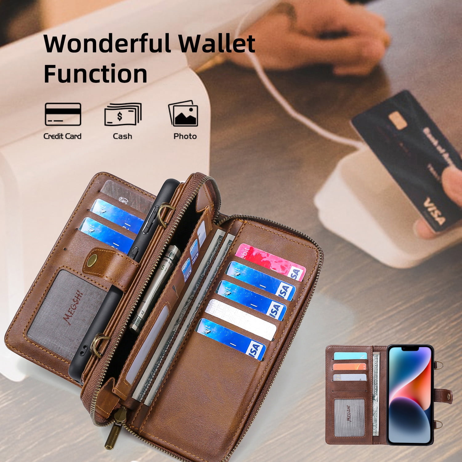 ELEHOLD Flip Wallet Case for iPhone 14 PU Leather Purse Case with Large Capacity 13 Card Slots Zipper Pocket Kickstand Magnetic Detachable Case Cross Body Shoulder Strap Shockproof Protective,Brown