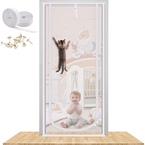 Reinforced Cat Screen Door, 32”X82” Heavy Duty Pets Proof Screen Door with Bilateral Zipper, Prevent Dogs Cats Running Out from Home, Bedroom, Living Room, Kitchen Patio Door