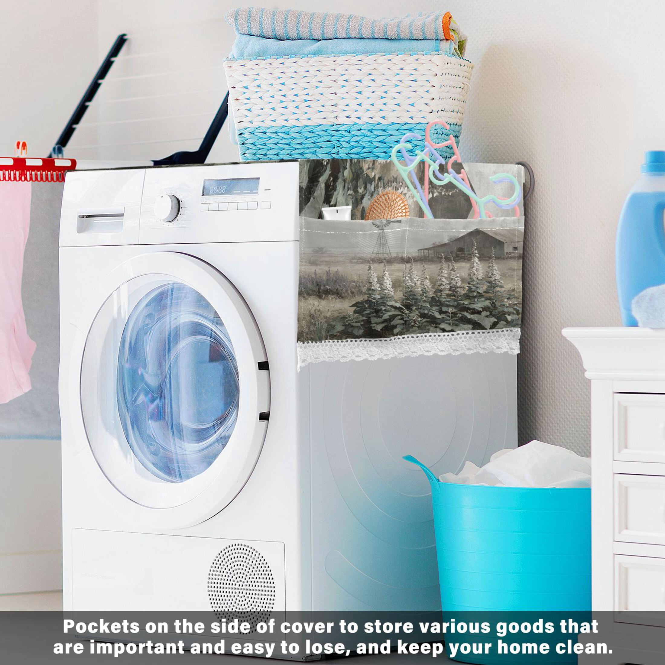 Wobogo Lavender Manor Washing Machine Cover Dustproof Washer Dryer Cover Waterproof Laundry Room Decorative Protector