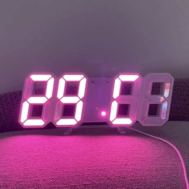 Reloj de pared LED 3D rosa, moderno despertador digital con pantalla de 24 o 12 horas