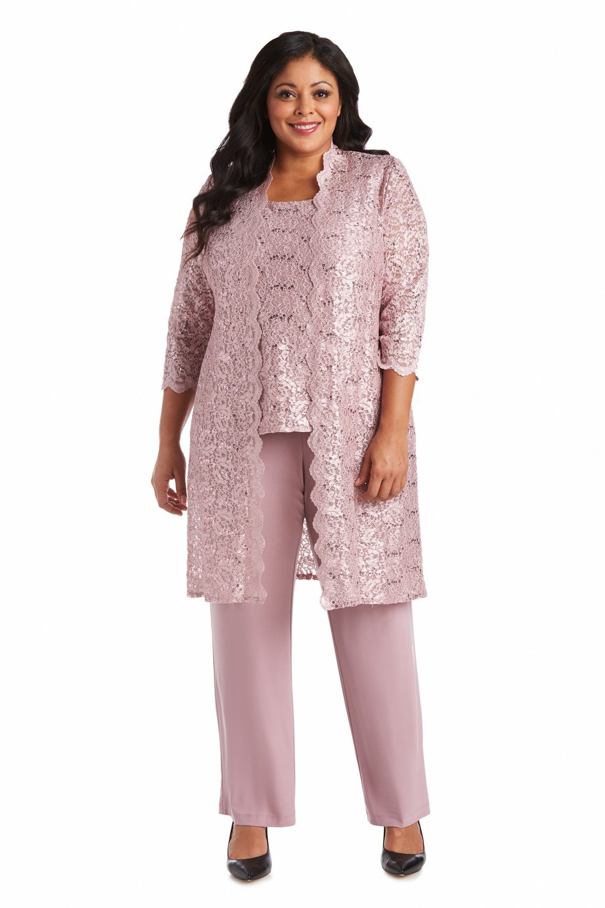 R&M Richards Plus Size Mother of The Bride Pant Suit 3 Pieces Dress Set Sleeveless with Matching Lace Jacket 