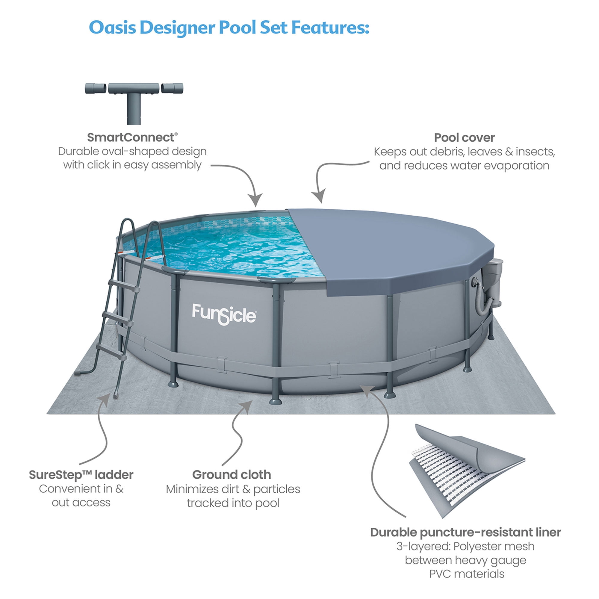 Funsicle 14' x 42" Oasis Round Swimming Pool with 14' Debris Cover, Gray