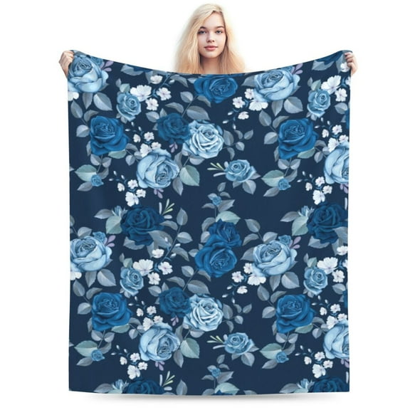 Blue Rose Floral Blanket, Gifts for Men Women, Cozy Warm Flannel Blankets Throw for Home Decor Bed Couch 60"x50"