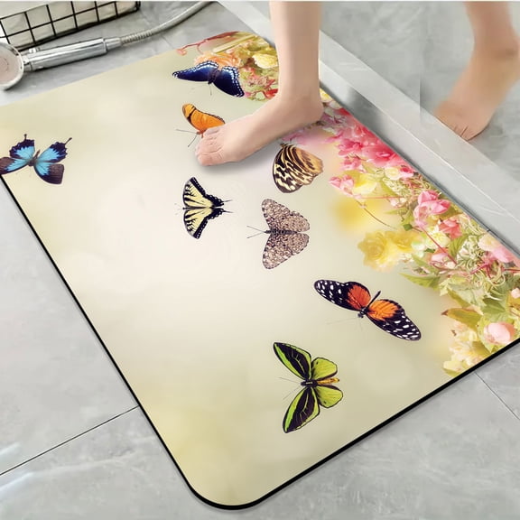 1pc Multicolored Butterflies over Flowers Bathroom Rug Bathroom Decor and Accessories- Durable,Anti Slip,And Quick Drying,Suitable For Indoor/outdoor Use - Perfect For Bathrooms,Bedrooms,Kitchens