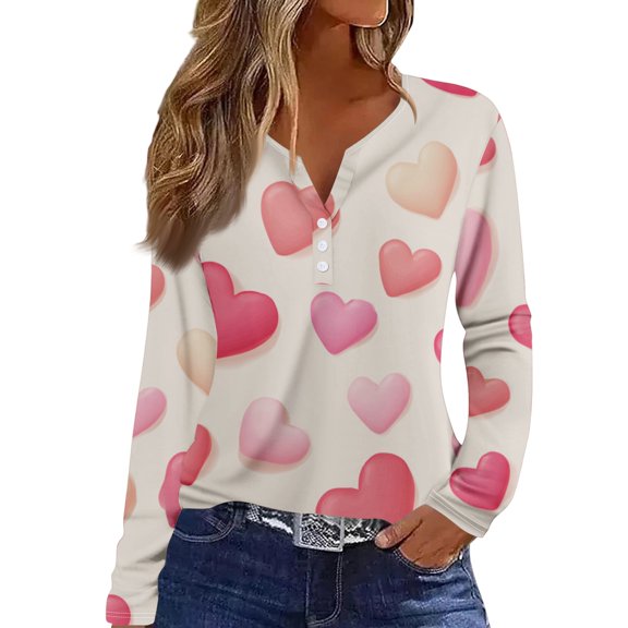 Womens Valentines Day Outfit Henley Long Sleeve V- Neck Lightweight Tops Valentine Casual Blouses Heart Print Button Down Tees