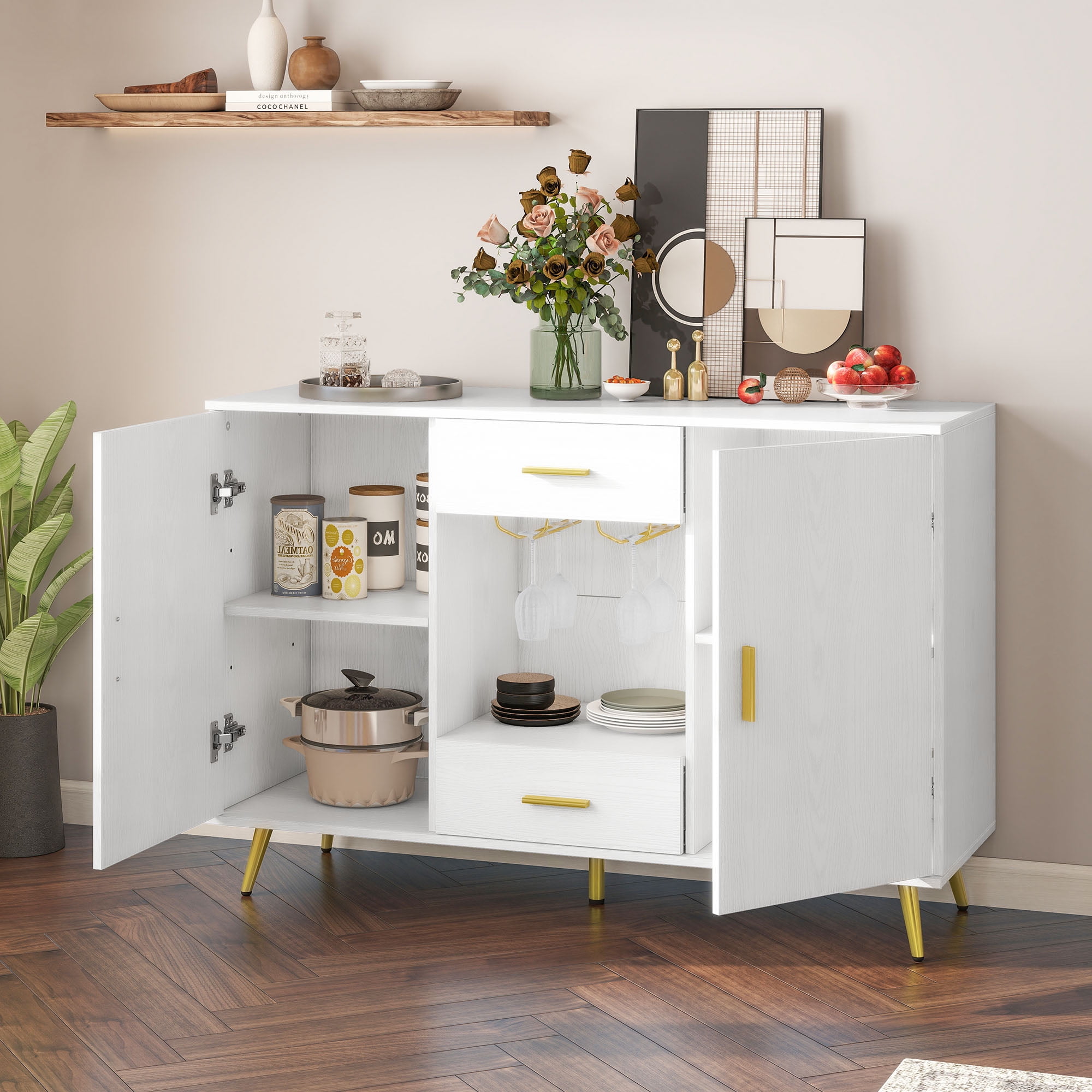 DEXTRUS Sideboard Storage Cabinet with Doors & Drawers, Coffee Bar Cabinet, Kitchen Buffet with Adjustable Shelf, Wine Glass Holder, White