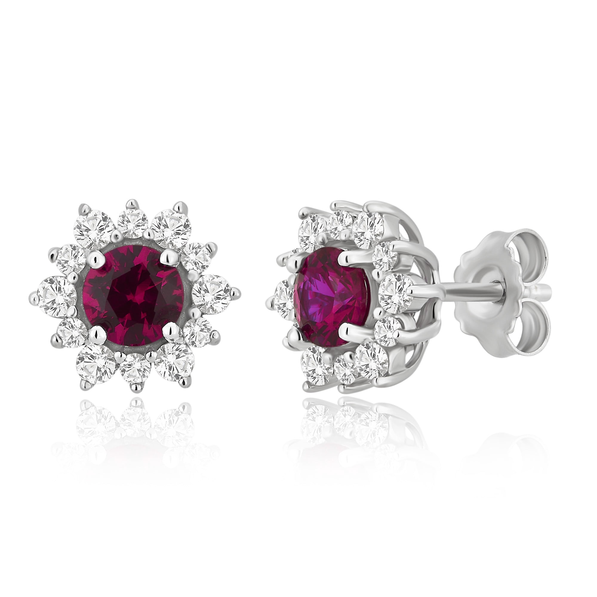 2 1/4 Carat T.W. Created Ruby and White Sapphire Sterling Silver Flower Earrings