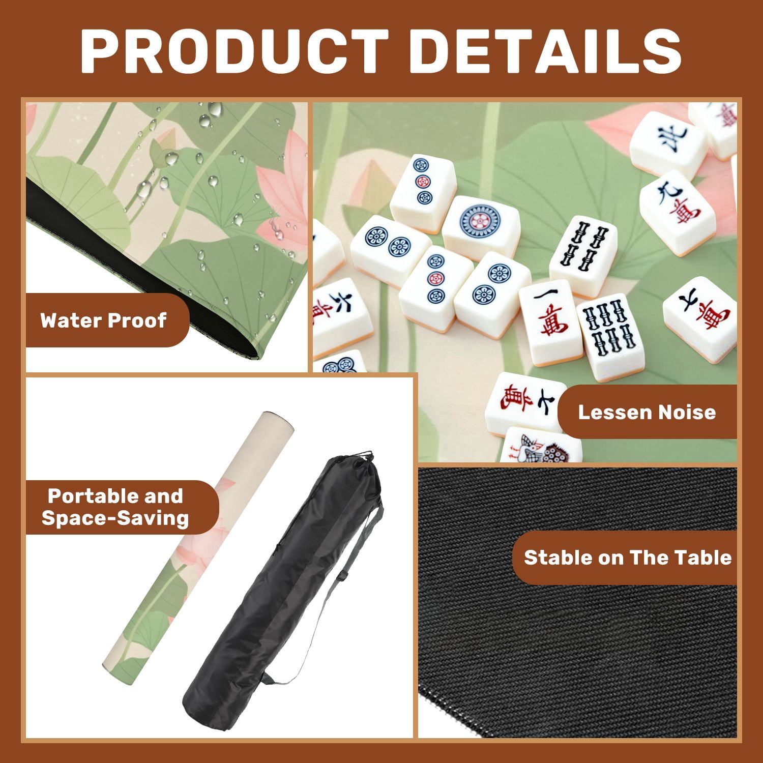 Mahjong Mat 31.5" x 31.5" lotus flowers dragonflies Non-Slip Noise Reduction American Mahjong Tiles Table Cover for Dominoes Poker Card Board Games Gift