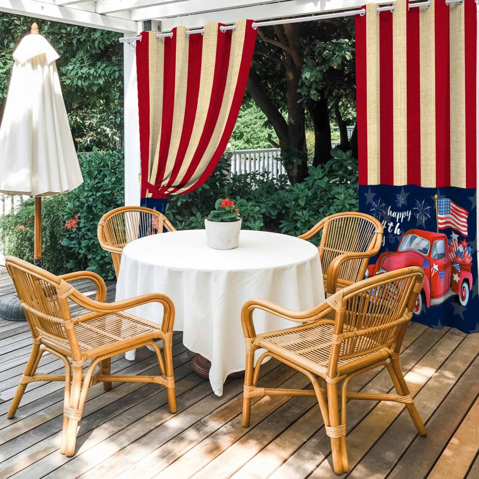 USA Flag Red Truck Outdoor Curtains for Patio, Independence Day Blue Star Red Strips Sunshade Privacy Drapes Grommet Waterproof Outside Curtains for Porch/Cabana/Balcony 54"x 108", 1 Panel