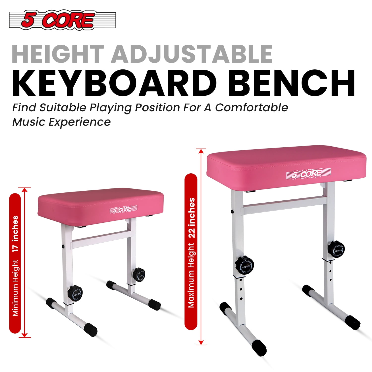 5 Core Keyboard Bench 3 Inch Padded Cushioned Piano Stool Height Adjustable Guitar Seat Heavy Duty Folding Portable Musician Chair W Nonslip Rubber Feet Pink - KBB H-ADJ PNK