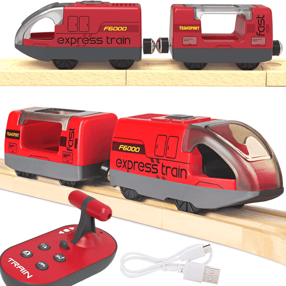Tren de Madera Motorizado, Tren de Control Remoto con Conexión Magnética, Trenes Locomotoras Que Funcionan con Baterías para Niños Pequeños, Compatible con Thomas, Brio, Chuggington (Rojo)