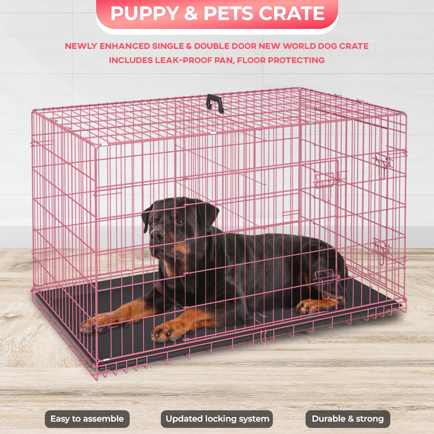 42 Inches Large Dog Crate with Divider Panel, Double Door Folding Metal Wire Dog Cage with Plastic Leak-Proof Pan Tray, Pet Kennel for Indoor, Outdoor, Travel, Pink