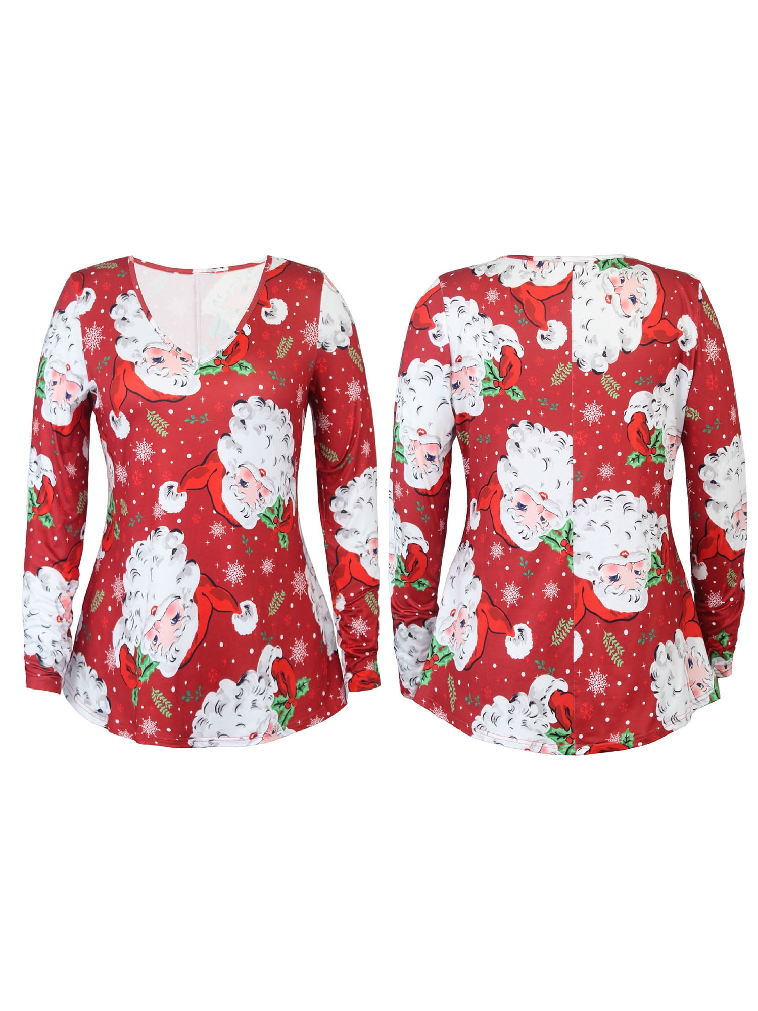 UKAP - Women Long Sleeve Christmas Tree Print T-Shirts V-Neck Party