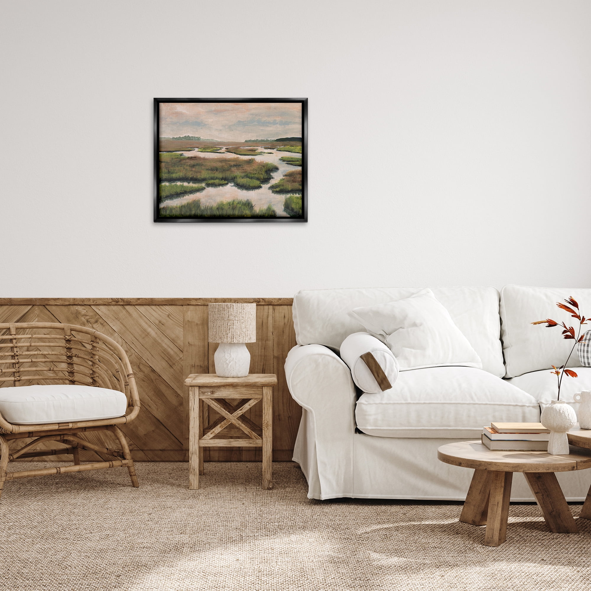 Stupell Industries Asymmetrical Stream Nature Landscape Painting Black Floater Framed Canvas Art Print Wall Art, 31 x 25