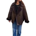 thumbnail image 3 of Women Thick -Lined Faux Suede Jacket Oversized Leather Coat Moto Jacket Biker Winter Overcoat Brown L, 3 of 10