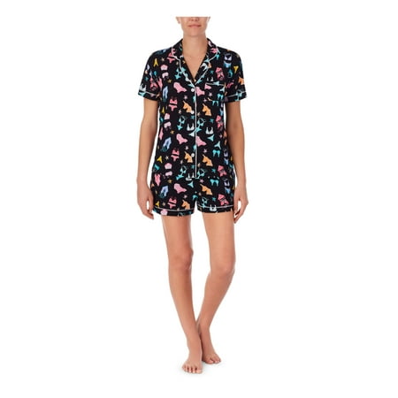 

CUDDL DUDS Sets Black Knit Elastic Band Printed Short Sleeve V Neck Button Up Lounge Sleepwear Size S