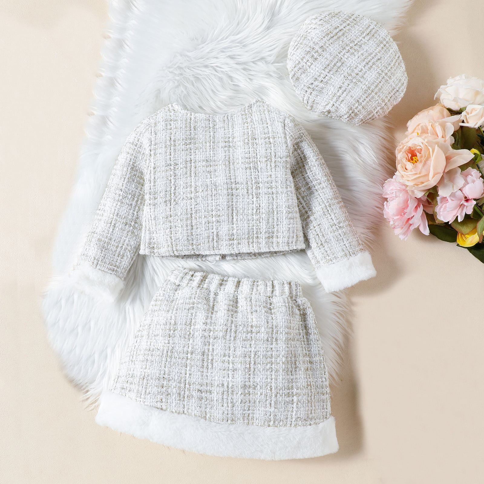 Europe and The United States Girls Small Fragrance Suit Autumn New Furry Patchwork Coat + Skirt + Beret Three Set