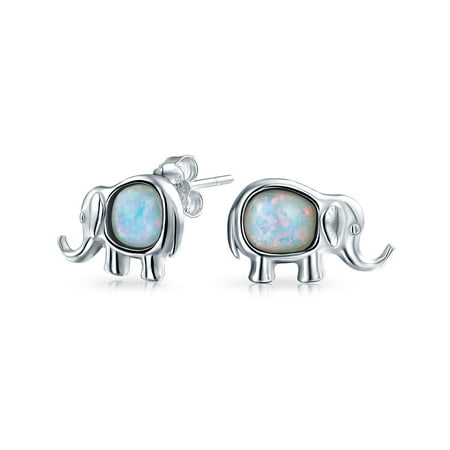 Animal White Earrings - Tiny White Created Opal Iridescent Wise Animal Lover Elephant Stud Earrings For Women 925 Sterling Silver