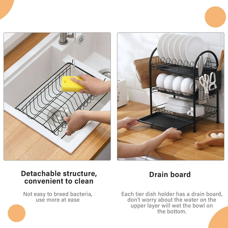 Dish Drying Rack 3 Tier Dish Rack Steel with Removable Drain Board Storage  Rack for Dish Drainer Utensil Holder with Cup Rack for Kitchen Countertop