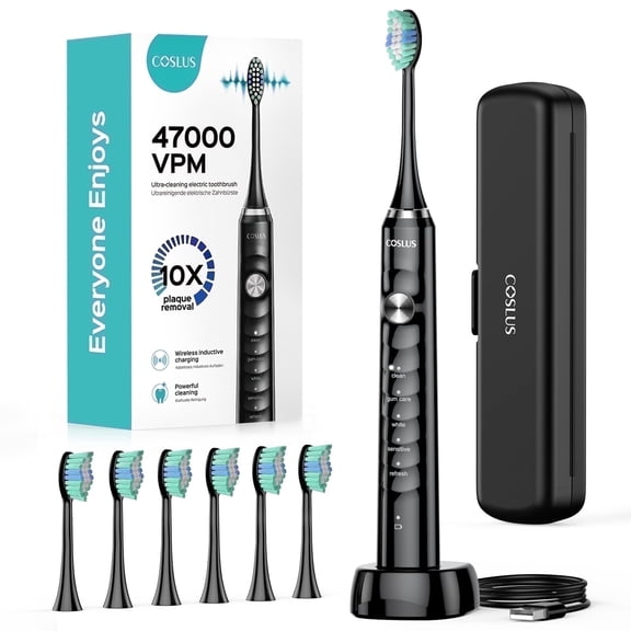 COSLUS CX40 Electric Toothbrush for Adults and Teen,Wireless Rechargeable Tooth Brush,Youth with Portable Travel Case,5 Modes 47000 Power Toothbrushes 6 Brush Heads ,70Day Battery Life Black