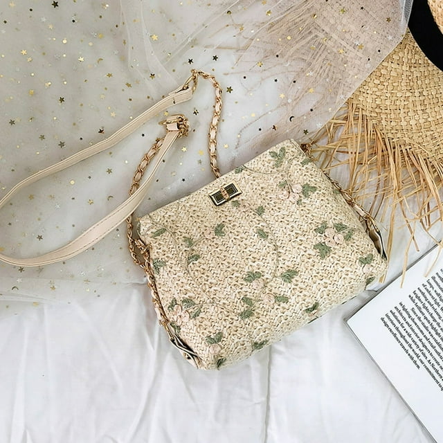 Sac Seau en Paille Brodée en Dentelle pour Femmes, Sac Carré en Jute, Sac Messager