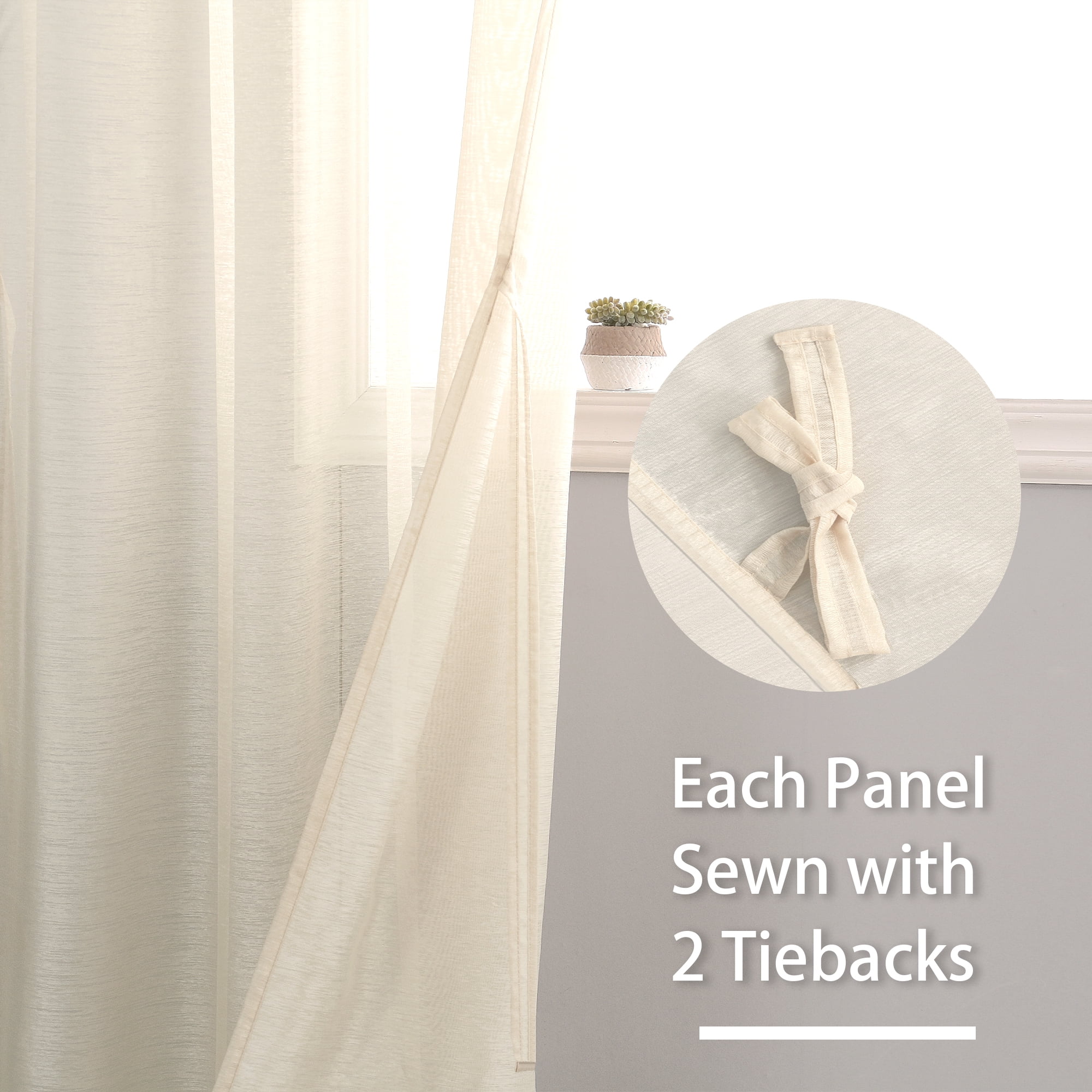 JIUZHEN Semi Sheer Curtains 84 Inches Long, Rod Pocket Light Filtering Semi Transparent Voile Window Curtains for Living Room & Bedroom, Set of 2 Panels with Tiebacks, W52 x L84, Beige